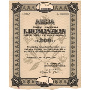 F. ROMASZKAN Fabryka Papieru w Wadowicach, Em.1, 200 zł 1927