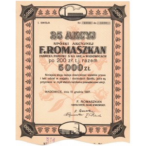 F. ROMASZKAN Fabryka Papieru w Wadowicach, Em.1, 25x 200 zł 1927