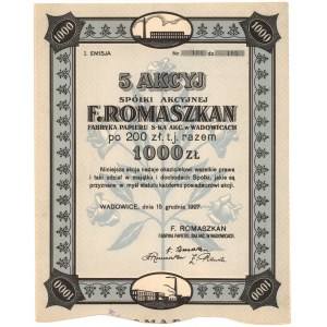F. ROMASZKAN Fabryka Papieru w Wadowicach, Em.1, 5x 200 zł 1927