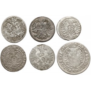 Śląsk, Greszle, 1 i 3 krajcarówki 1624-1704 - zestaw (6szt)