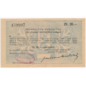 Świadectwo Kontrybucji 30 złotych 1944 - polska pieczątka