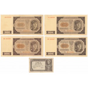 Zestaw banknotów 2 zł 1936 i 4x 500 zł 1948 (5szt)