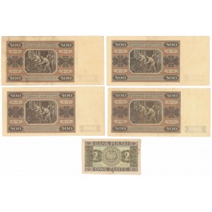 Zestaw banknotów 2 zł 1936 i 4x 500 zł 1948 (5szt)