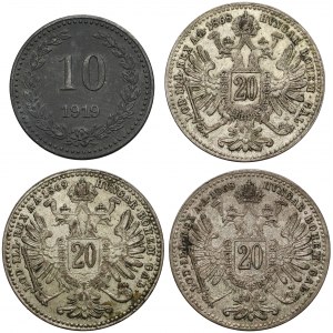 Austro-Węgry, 20 krajcarów + 10 fen. 1919 Bydgoszcz - zestaw (4szt)