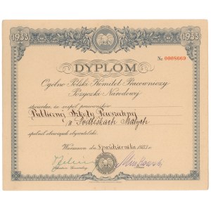 Dyplom 6% Pożyczki Narodowej za spełnienie obowiązku obywatelskiego dla Szkoły Publicznej, 1933 r.