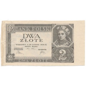 2 złote 1936 - bez seri i numeru, ręcznie wycięty z arkusza