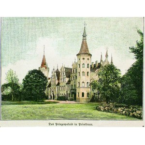 PRZEMKÓW. Widok na zamek, sygn. D.V.A. niemiecka grafika z XIX wieku; drzew
