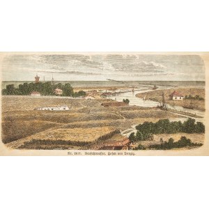GDAŃSK. Widok ogólny Nowego Portu, anonim, niemiecka grafika z XIX wieku; drzew