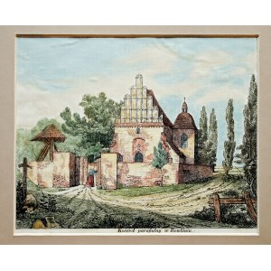 RĄBIŃ. Kościół parafialny, anonim, polska grafika z XIX wieku; lit. kolor., st