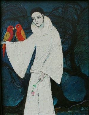 Krystyna Liberska (1926-2010), Pierrot z papugami (1986)