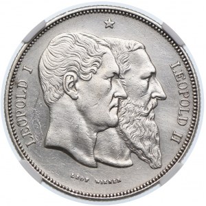Belgia, Leopold II, medalowe 5 franków 1880, NGC AU DETAILS