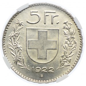 Szwajcaria, 5 franków 1922 B, NGC UNC DETAILS