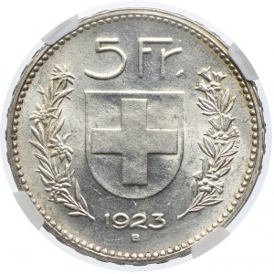 Szwajcaria, 5 franków 1923 B, NGC UNC DETAILS