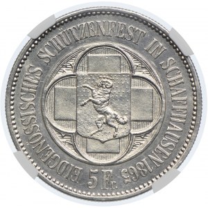 Szwajcaria, 5 franków 1865 Schaffhausen, talar strzelecki, NGC UNC DETAILS