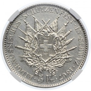 Szwajcaria, 5 franków 1867 Schwyz, talar strzelecki, NGC UNC DETAILS