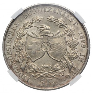 Szwajcaria, 5 franków 1869 Zug, talar strzelecki, NGC MS61