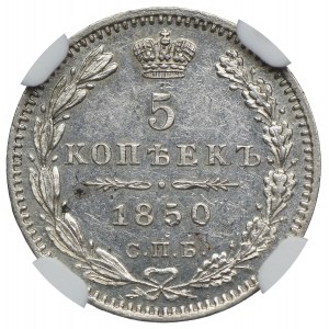 Rosja, 5 kopiejek 1850 СПБ ПА, NGC MS62