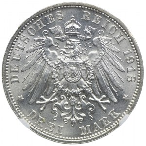 Niemcy, Saksonia 3 marki 1913 E, zwycięstwo pod Lipskiem, NGC MS62