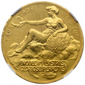 Austria, Franciszek Józef I, 100 koron 1908, Kremnica, 60 rocznica panowania, NGC PF61 PROOF