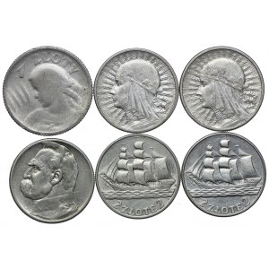 II RP zestaw 1924-36, 1zł 1924, 2zł głowa kobiety, 2zł żaglowiec, 2zł Piłsudski (6szt.)