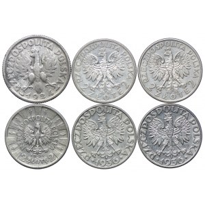 II RP zestaw 1924-36, 1zł 1924, 2zł głowa kobiety, 2zł żaglowiec, 2zł Piłsudski (6szt.)