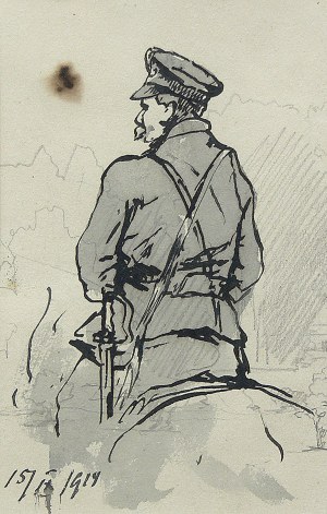 Tadeusz Rybkowski (1848-1926), Żołnierz Legionów Piłsudskiego w siodle - szkic, 1919