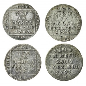 zestaw 4 sztuki: Stanisław August Poniatowski (1764–1795), grosz srebrny koronny, Warszawa; 1767 (2x F.S.), 1768 (1x F.S.) oraz dziesięć groszy koronnych; 1791