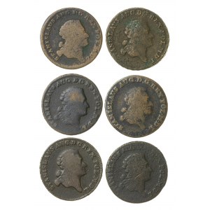 zestaw 6 szt trojaków koronnych Stanisława Augusta Poniatowskiego (1764–1795), z mennicy warszawskiej z lat 1766 (GROSS V S) (G), 1768 (G); 1767 (G), 1789 (E.B.); 1772(A.P.); 1770 (?) (G)