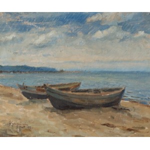 Jan GASIŃSKI, DWIE ŁODZIE RYBACKIE NA PLAŻY, 1947