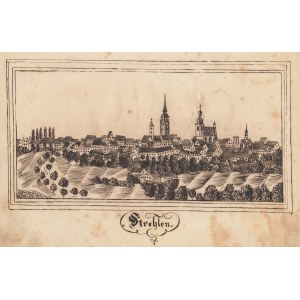 STRZELIN. Panorama miasta, rys. Julius Sassmann, pochodzi z jego sztambucha