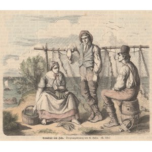 HEL. Rybacy przy sieciach na helskiej plaży; rys. F. Huhn, ok. 1880; drzew. szt