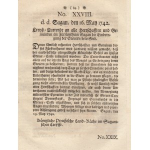ŻAGAŃ, WROCŁAW. 3 dokumenty: 1) dokument wystawiony 1 V 1742 r. we Wrocławiu