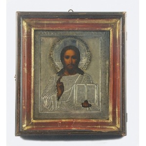 Ikona - Chrystus Pantokrator, w srebrnym okładzie i kiocie