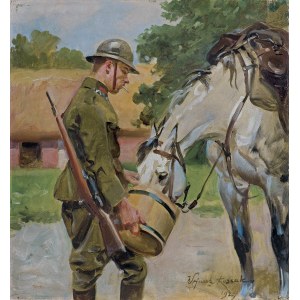 Kossak Wojciech, ŻOŁNIERZ POJĄCY KONIA, 1927