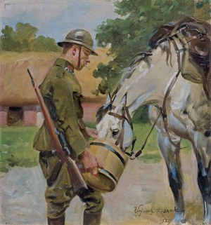 Kossak Wojciech, ŻOŁNIERZ POJĄCY KONIA, 1927