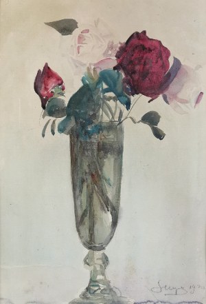 Leon WYCZÓŁKOWSKI (1852-1936), Róże w szklanym wazonie, 1920