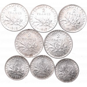 Zestaw monet 1 i 2 frankówek Francja - różne roczniki