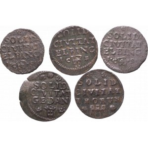 Augustus III Sas, set of 5 solidus (Elbing, Danzig, Thorn)