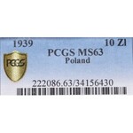 II Rzeczpospolita, 10 złotych 1939 Piłsudski - PCGS MS63