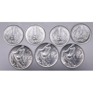 A set of PRL 1 zloty and 5 zloty fisherman coins