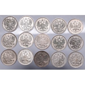 Russia, Set of 15 coins 10 kopecks from 1903-1915