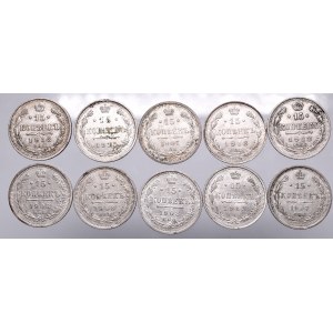 Rosja, Zestaw 10 monet 15 kopiejek z lat 1907-1915