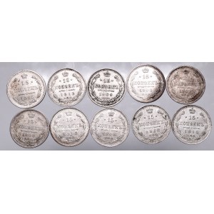 Russia, Set of 10 coins of 15 kopecks from 1907-1915