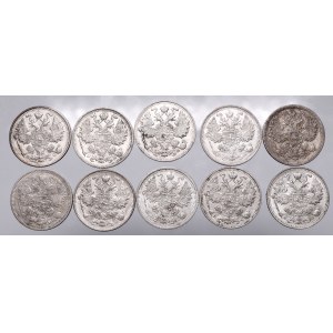 Russia, Set of 10 coins of 15 kopecks from 1907-1915
