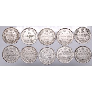 Russia, Set of 10 coins of 15 kopecks from 1907-1915