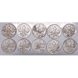 Russia, Set of 10 coins of 15 kopecks from 1907-1915