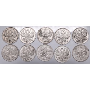 Rosja, Zestaw 10 monet 15 kopiejek z lat 1907-1915