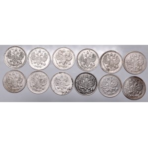Russia, Set of 12 coins 10 kopecks from 1903-1915