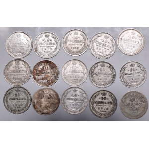 Rosja, Zestaw 15 monet 10 kopiejek z lat 1903-1915