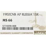Russia, Nicholas II, 15 kopecks 1902 AP - NGC MS66